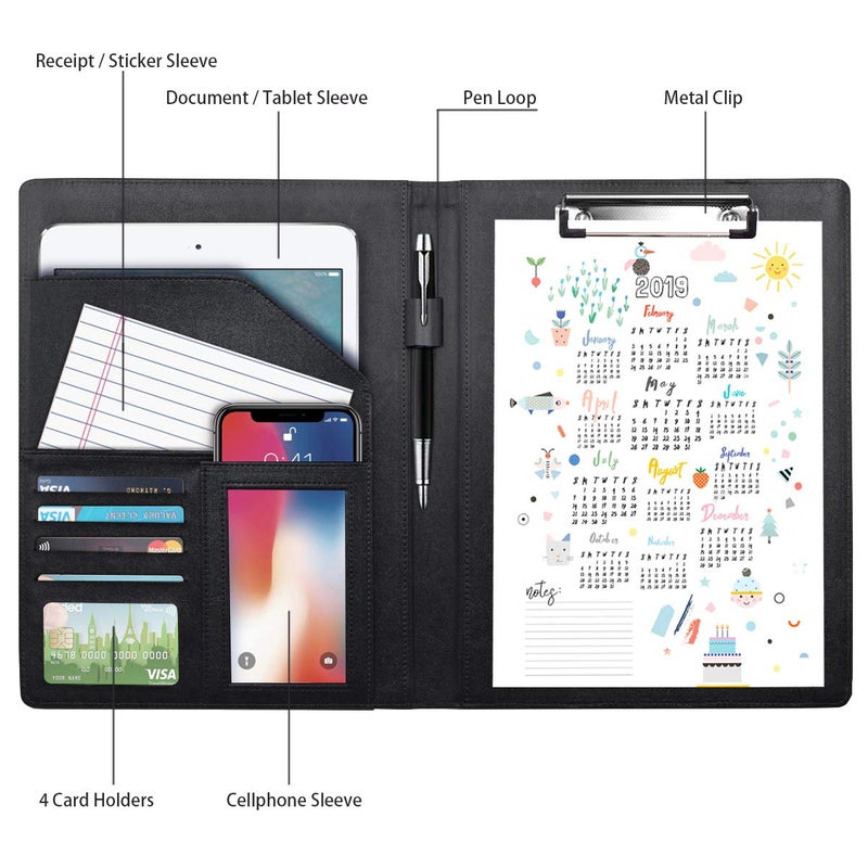 WAVEYU Business Portfolio Folder for Men Women, Padfolio Cover, Conference/Resume/Legal Document Organizer with Letter/A4 Size Clipboard Hardboard, Business Card Holders, Document Sleeve, Black - Image 2